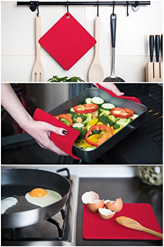 Q's INN Red Silicone Trivet Mats | Hot Pot Holders | Drying Mat. Our 7 in 1 Multi-Purpose Kitchen Tool is Heat Resistant to 440°F, Non-slip,durable, flexible easy to wash and dry and Contains 4 pcs.