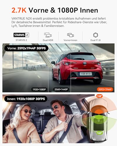 VANTRUE N2X 2.7K+1080P STARVIS 2 Car Camera, Front Interior, Dual HDR Night Vision Camera, Front 2.5K/60FPS, GPS, 5GHz WiFi, Voice & App Control, G-Sensor, Max 512GB