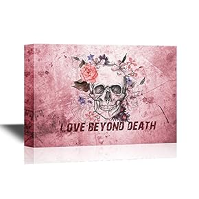 Canvas Wall Art - Skull with Flowers on Vintage Background with The Words Love Beyond Death - Gallery Wrap Modern Home Art | Ready to Hang - 12x18 inches