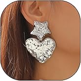 Chunky Heart Earrings for Women Vintage Gold Silver Heart Star Dangle Earrings Hypoallergenic Hammered Love Star Drop Earrings Fashion Jewelry Gifts