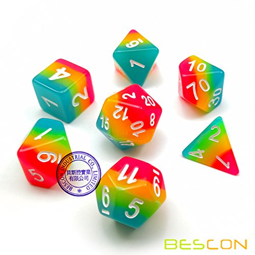Bescon Fantasy Rainbow Glowing Polyhedral Dice 7pcs Set Midnight Candy, Luminous RPG Dice Set Glow in Dark, Novelty DND Game Dice d4 d6 d8 d10 d12 d20 d% in Brick Box - Thumbnail 5
