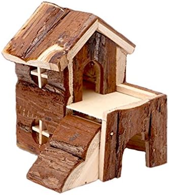 Small Pet House, Nature Wood House, Deluxe Two Floor Hamster Wooden Hut, Chewable Hamster Hideout Wooden Hut Play House (S)