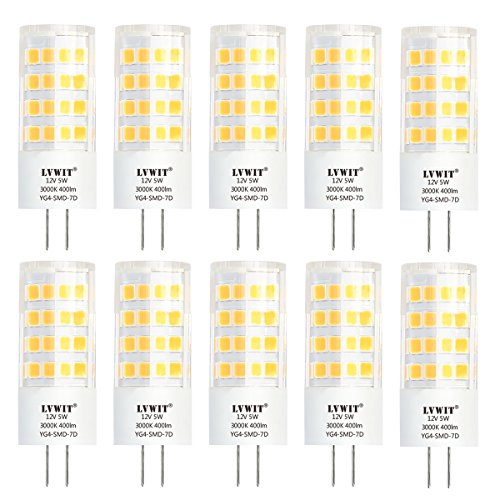 LVWIT 5W G4 LED Light Bulb 12V AC/DC LED Bulb 3000K Warm White Equivalent to 50W Halogen Track Bulb Waterproof G4 Base LED Bulbs Non-dimmable 10 Pack