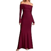 KUTUMAI Elegant Off Shoulder Long Sleeve Maxi Dresses for Women Fall Bodycon Fishtail Formal Wedding Guest Dress