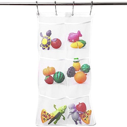 TopEUR bathroom organiser hanging mesh pockets storage net bag shower caddy shampoo holder with 4 hooks