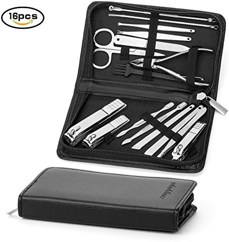 Manicure Pedicure Set Nail Clippers - Corzyaya 16 In 1 Professional Stainless Steel Nail Scissors Grooming Kit with Black Leather Travel Case