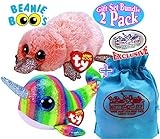 Ty Beanie Boos Sea Creatures Nori (Narwhal) & Wilma (Platypus) Gift Set Bundle with Bonus Matty's Toy Stop Storage Bag - 2 Pack