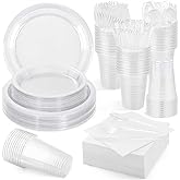 Aodaer 400 Pieces Clear Party Supplies Disposable Dinnerware Set Include Plastic Plates Cups Knives Forks Spoons Paper Napkins for Birthday Wedding Graduation Parties, Serve 50 Guests