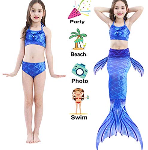 Kids Girls Sparkle Mermaid Tail with Monofin Swimmable Swimwear 4pcs Sets for Kids 3~10Years (110 (4-5 Years), A-Dark Blue) - Thumbnail 3