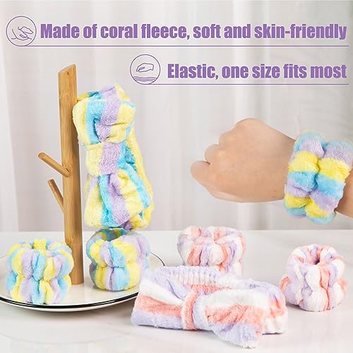 Shindel 6PCS Face Wash Headband Set, Makeup Wash Headbands with Wristbands Coral Fleece Bow Hair Bands for Women Spa Skin Care Yoga