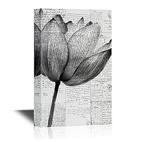 Black and White Canvas Wall Art - Lotus Flower with Retro Style Letters Background - Gallery Wrap Modern Home Art | Ready to Hang - 12x18 inches