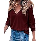 Auxo Women's V Neck Top Long Sleeve Shirt Blouses Oversized Sweater Pullover Jumper Wine Red US 8-10/ASIAN M