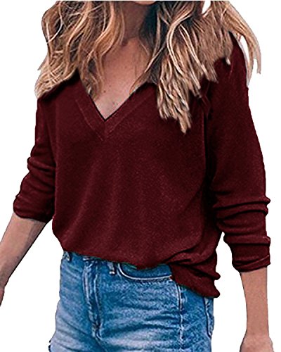 Auxo Women's V Neck Top Long Sleeve Shirt Blouses Oversized Sweater Pullover Jumper