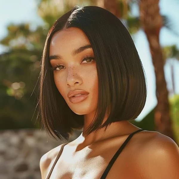 PORSMEER Short Bob Straight Dark Brown Wigs for Women Natural Small Lace Hairline Synthetic Wig 150% High Density Glueless Wig Heat Resistant Fiber 12 inch