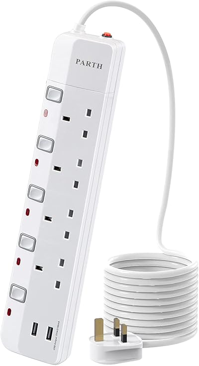 PARTH 3m Extension Lead with USB Ports Surge Protected 4 Way UK Plug