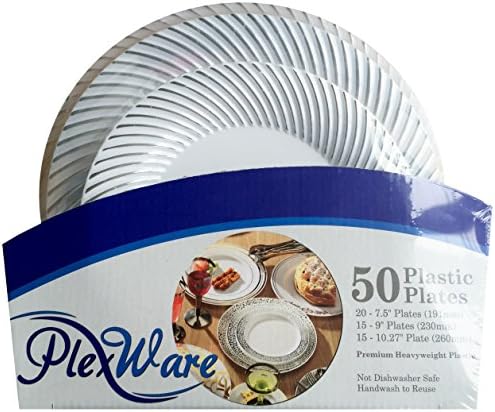 PLEXWAREHeavy Duty Plastic Disposable Plates Set with Silver Swirl Rim, 7.5 Dessert - 20 Pieces, 9 Lunch - 15 Pieces, 10.25 Dinner - 15 pieces, Premium Disposable Plastic Plates - 50 Pieces, White