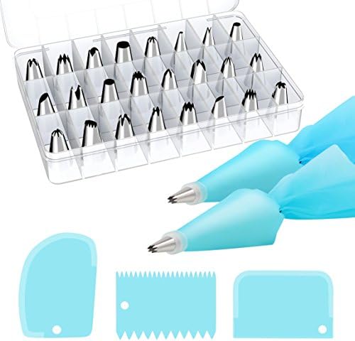 31 Piece Cake Decorating Kit Includes 2 Reusable 10 inch Silicone Pastry Bags, 2 Reusable Coupler and 3 Cake Edge Side Decorating Tools Scraper Smoother Comb Set