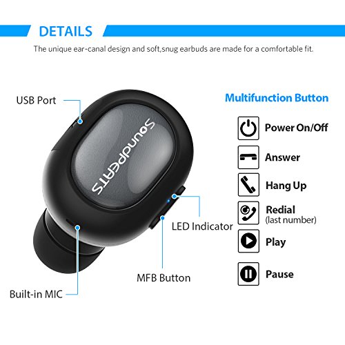 SoundPEATS Wireless Earbuds, True Wireless Stereo Bluetooth 4.1 Headphones Cordless Earphones Sweatproof In-Ear Headset with Mic (bk) Cell Phones & Accessories, Accessories, Bluetooth Headsets