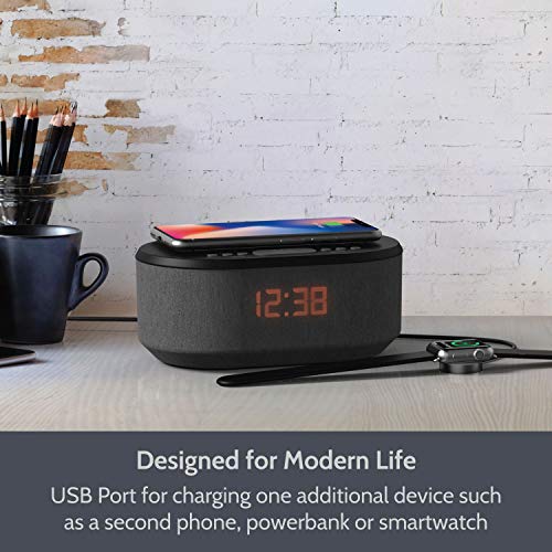 Bedside Radio Alarm Clock with USB Charger, Bluetooth Speaker, QI Wireless Charging, Dual Alarm & Dimmable LED Display (Black) - Thumbnail 2