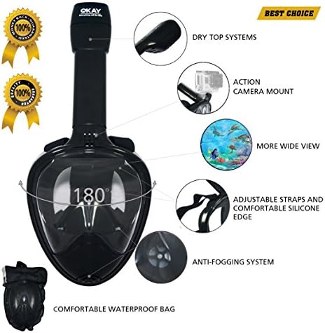 OKAY Mask Snorkel Mask (New Version 2018 Snorkeling Mask), Panoramic Kids Adult 180° Snorkel Mask for Women, Full Face Snorkeling Mask with Action Camera Mount System and Anti Fog Glass