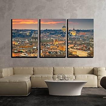 wall26 - 3 Piece Canvas Wall Art - Wonderful View of Rome at Sunset Time with St Peter Cathedral - Modern Home Decor Stretched and Framed Ready to Hang - 24