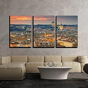 3 Piece Canvas Wall Art - Wonderful View of Rome at Sunset Time with St Peter Cathedral - Modern Home Art Stretched and Framed Ready to Hang - 16"x24"x3 Panels