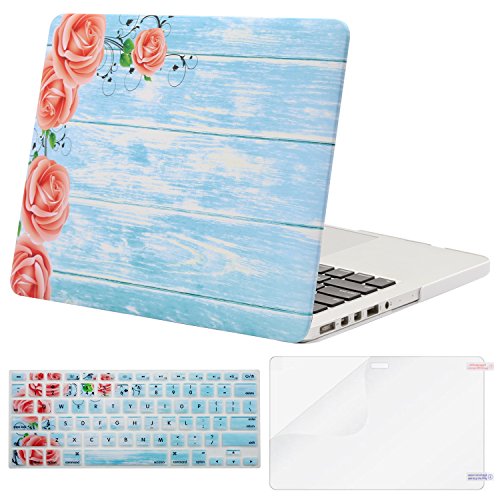 Mosiso Plastic Pattern Hard Case with Keyboard Cover with Screen Protector Only for MacBook Pro Retina 13 Inch No CD-Rom (A1502/A1425, Version 2015/2014/2013/end 2012), Pink Rose Turquoise Wooden