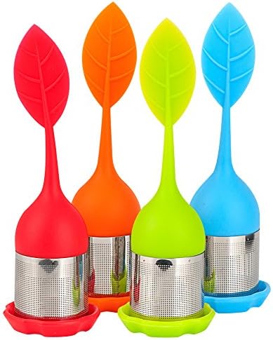 Tea Infuser, Teroys 4 Pcs Tea Strainer Filter Stainless Steel Loose Tea Steeper with Silicone Long Handle Drip Tray for Loose Leaf Grain Tea Cups, Mugs, and Teapots  (4pc-Leaf)