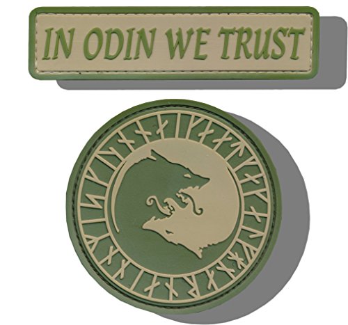 [Two Set Count] Custom and Unique (4" x 1" & 3" x 3") Round & Rectangle “Funny Comedy” "In Odin We Trust" God Viking Morale Embroidered Applique Patch {Green & Tan Colors} [Licensed]