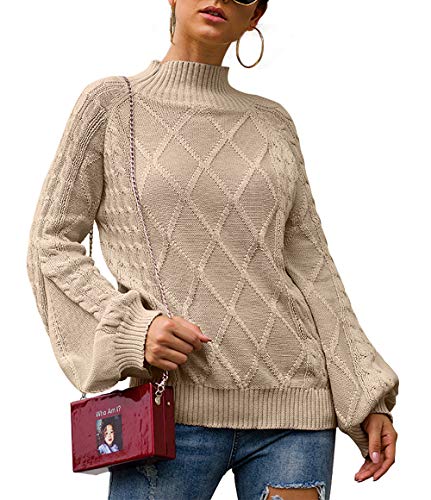 BTFBM Women Mock Turtleneck Cable Knit Long Loose Lantern Sleeve Solid Color Fashion Warm Sweater Pullover Tops (Khaki, Large)