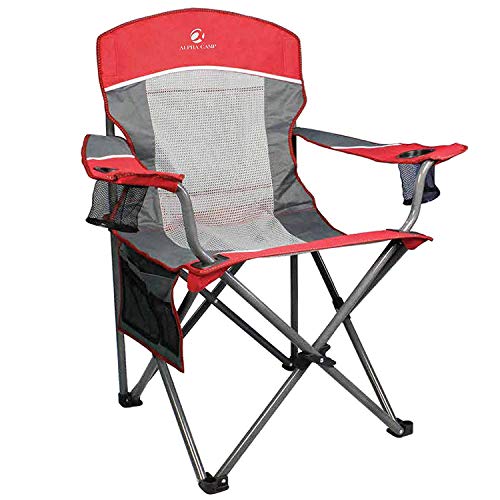 ALPHA CAMP Oversized Mesh Back Camping Folding Chair Heavy Duty Support 350 LBS Collapsible Steel Frame Quad Chair Padded Arm Chair with Cup Holder Portable for Outdoor,Red