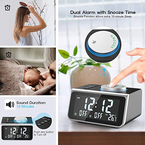 LATME-Alarm-Clock-Radio-for-Heavy-Sleepers W Dual Alarms,3.2'' Digital Display and Dimmer,7 Alarm Sounds,Snooze,2 USB Ports,Bedside FM Radio Clocks with Temp for Bedrooms/Kitchen/Office (Black-Grey)
