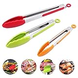 Kitchen Tongs Stainless Steel Silicone Tongs 3 Pieces 7 9 12 Inches Kitchen Restaurant Outdoor Barbecue Tongs (Red, Green, Orange)