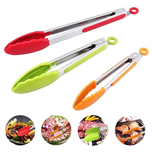 Kitchen Tongs Stainless Steel Silicone Tongs 3 Pieces 7 9 12 Inches Kitchen Restaurant Outdoor Barbecue Tongs (Red, Green, Orange)