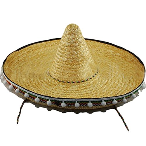 Unisex Cosplay Costume Mexico Big Large Brim Straw Hat Cap With Pompoms Balls