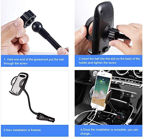 Car Phone Mount, Amoner 4 in 1 Phone Holder for Car, Cigarette Lighter Phone Car Mount with Long Gooseneck and Dual Port USB Charger Compatible 11 Pro 11 Xs Max Xs 8, Galaxy S9 S8, Mate20 P30 and More