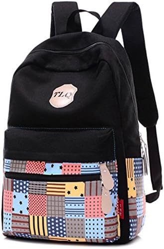 Cute Kawaii Canvas Patchwork Backpack for College, High School Girls (Black)