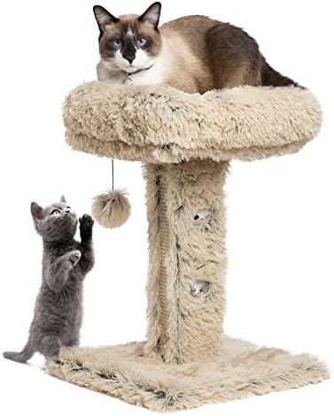 Modern Kitty Handcrafted Cat Post Lounger w/Scratching Surface in Shag, Taupe, 16"x16"x24"
