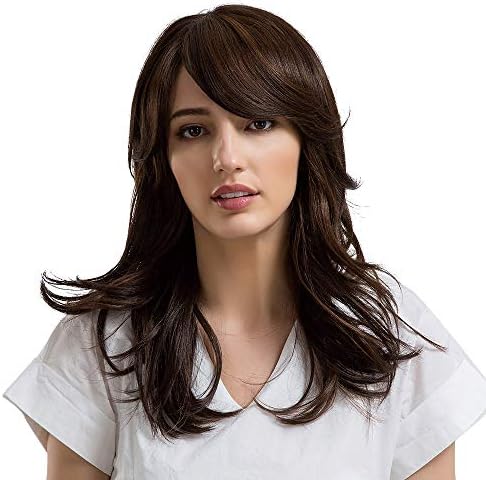 YIYEZI Ladies Side Parting Long Curly Hair Wigs with Inclined Bangs Heat Resistant Fiber Wig (Brown)
