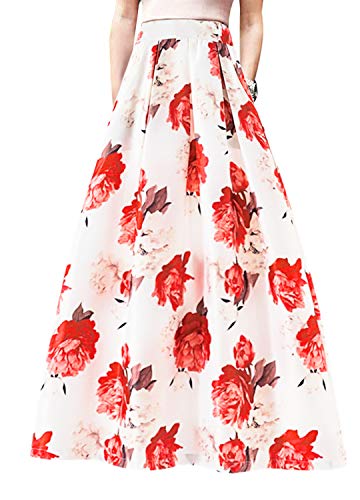 Novia's Choice Women African Floral Print Pleated High Waist Maxi Casual A-Line Skirt(White&Red Flower XXL)