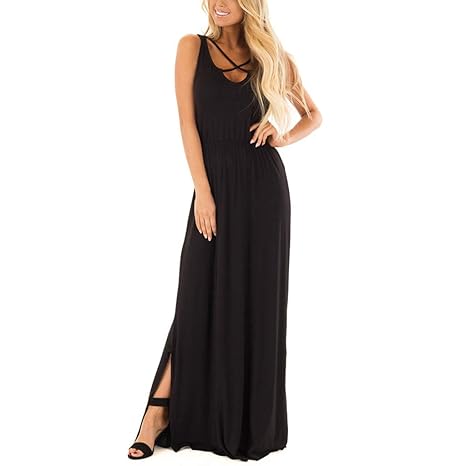 Selou Damen Sommer ärmellose Schwarze Party langes Kleid Mädchen Vintage Elegant Hippie Hochzeit Festliche Mittelalter Weiss Schwarz Bandeau A Linie Business Lang Kleidung