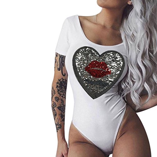 KESEE Women Jumpsuit Letter Lips Sequins Double Pattern Rompers Jumpsuit Playsuit One Piece Swimsuit For Women (M, White)
