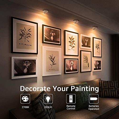 Olafus 4 Pack LED Spotlight, 200LM Wireless Accent Lights Battery Operated, Dimmable LED Puck Light with Remote, 2700K Warm White Uplight, Rotatable Art Lights for Paintings, Picture, Artwork Closet