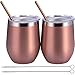 BBTO 2 Sets 12 oz Stainless Steel Stemless Wine Glass, Unbreakable Double Wall Insulate Cup Tumbler with Lids for Wine, Coffee, Including 2 Pieces Straws and 2 Pieces Brushes (Rose Gold)