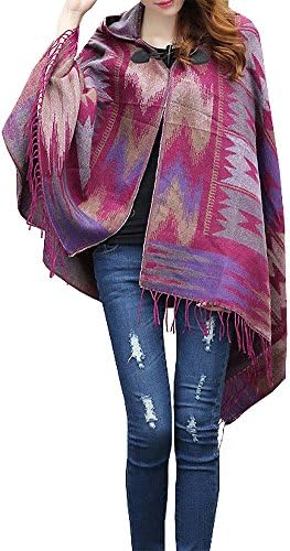 MASKAZU Women's Boho Tribal Tassel Geometric Print Cape Scarf rose red