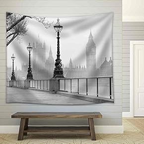Big Ben Houses of Parliament, Black and White Photo - Fabric Wall Tapestry Home Decor - 51x60 inches