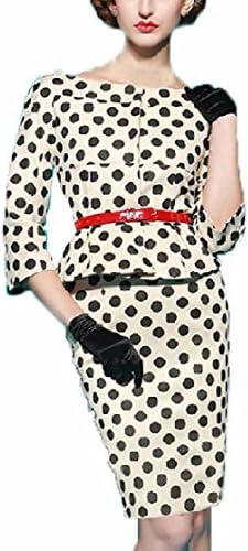 YEEZ Women's 3/4 Sleeves Retro Polka Dot Bodycon Fitted Evening Dress White,Large