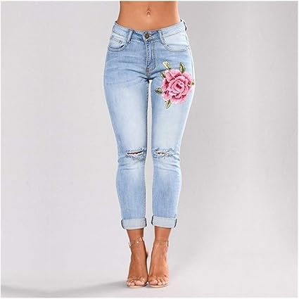 Chengleilei Stretch Embroidered Jeans For Women Elastic Flower Jeans Ladies Slim Denim Pants Hole Ripped Rose Pattern Jeans Color Sky Blue Size S Amazon Co Uk Kitchen Home