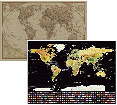 2 World Map Set,SunMirror Retro Kraft Paper World Map & Scratch Off World Map Poster Set