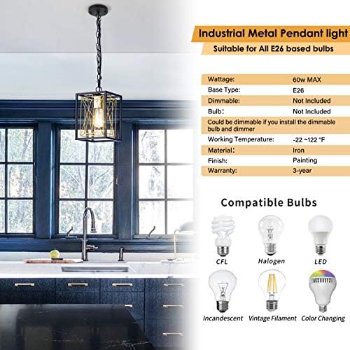 Pendant Lighting, UL Listed Cage Kitchen Light Fixtures Industrial Farmhouse Chandelier Black Gold Metal Hanging Lights E26 Modern Ceiling Light for Kitchen Island Entryway Dining Room Bedroom Foyer 5